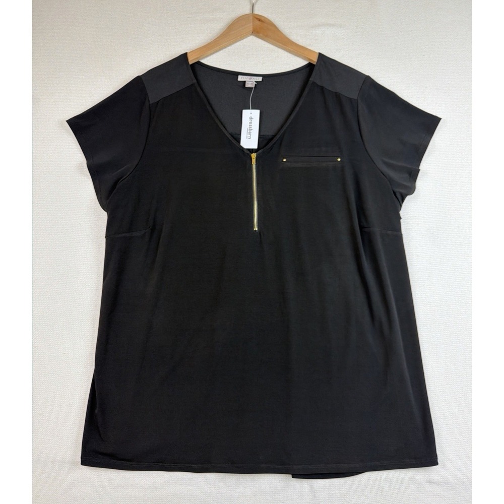 Roz & Ali 1/4 Zip Blouse Top NWT Womens Plus 3X Black Career Office Gold Metal
